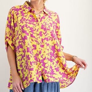 NWT Easel Los Angeles Peach Blossom Print Oversize Button Down Shirt Size Large